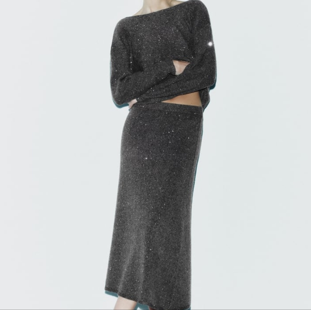 Zara co-ord set sequin knit sweater sz S & midi skirt A-line sz M taupe/brown Nw
